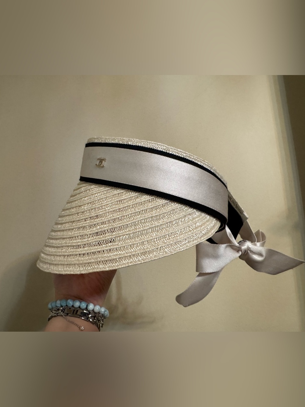 Auth Chanel visor white cream off white bow ribbon hat straw sun hat cruise